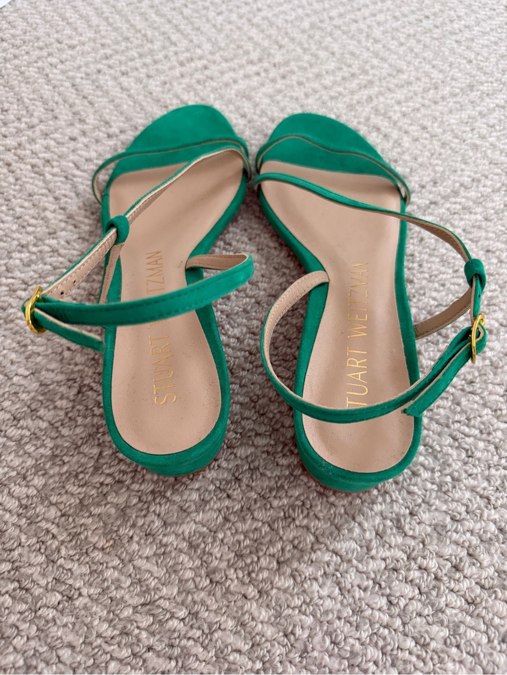 Stuart Weitzman Emerald Green Suede Ankle-Strap Block Heel Sandals - Picture 3 of 4